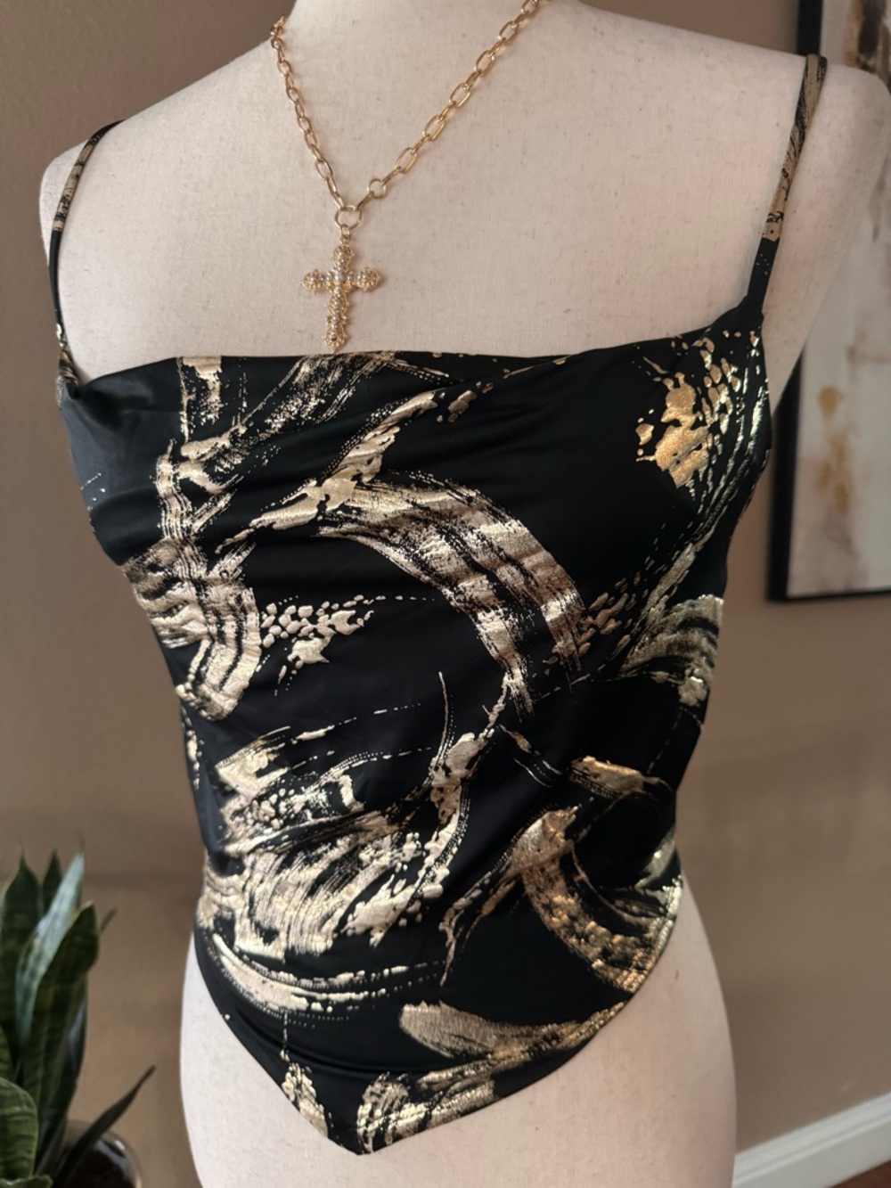 Black & Gold Handkerchief Hem Metallic Brushstroke Cami